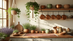 "Bohemian kitchen featuring hanging plants, copper pots, ceramic bowls, fresh herbs, woven pendant lights, and vintage Persian runner in warm morning light."
