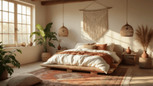 "Bohemian bedroom with wooden bed, macramé wall hanging, vintage rug, rattan pendant light, and decor accents in warm sunlight"