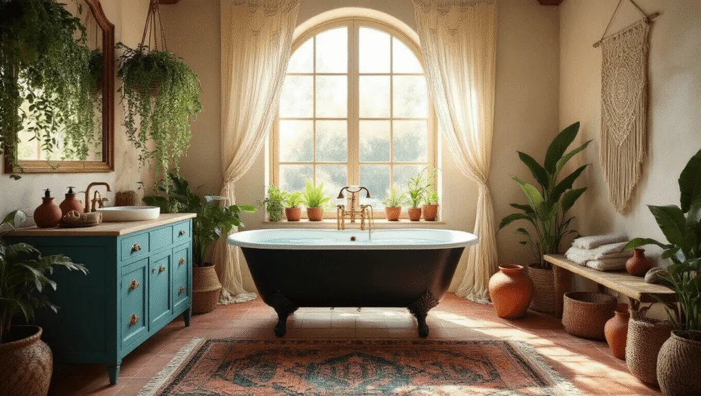 "Bohemian luxe bathroom with a black clawfoot tub, teal vanity, macrame curtains, Moroccan rugs, hanging plants, and terracotta tiles in golden hour lighting"