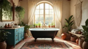 "Bohemian luxe bathroom with a black clawfoot tub, teal vanity, macrame curtains, Moroccan rugs, hanging plants, and terracotta tiles in golden hour lighting"