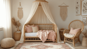 "Boho toddler bedroom with rattan canopy bed, blush pink and cream bedding, vintage Persian rugs, and macramé wall hangings under warm golden hour lighting"