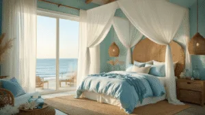 "Coastal bedroom sanctuary with ocean-inspired interior, featuring a white canopy bed with blue bedding, seafoam walls, seagrass headboard, driftwood wall art, and rattan pendant lights"