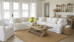 "Coastal farmhouse living room with white slipcovered sofa, weathered wood coffee table, jute rug, and driftwood accents. Seashells and hydrangeas adorn shiplap walls under the natural light streaming through windows, creating a warm, beachy atmosphere."