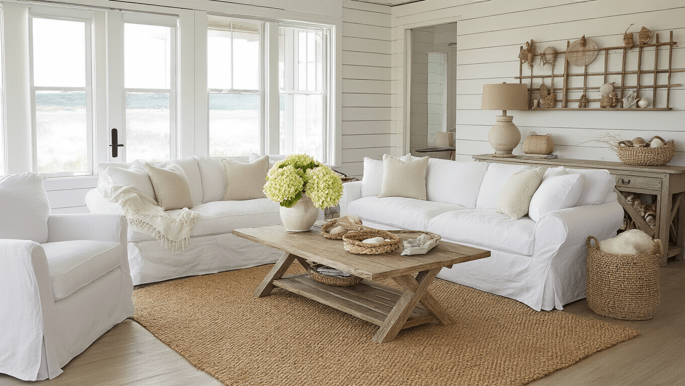 "Coastal farmhouse living room with white slipcovered sofa, weathered wood coffee table, jute rug, and driftwood accents. Seashells and hydrangeas adorn shiplap walls under the natural light streaming through windows, creating a warm, beachy atmosphere."