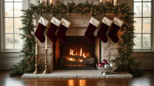 "Cozy Christmas fireplace with pine garland, velvet stockings, brass candlesticks, and crystal bowl of ornaments bathed in morning sunlight"