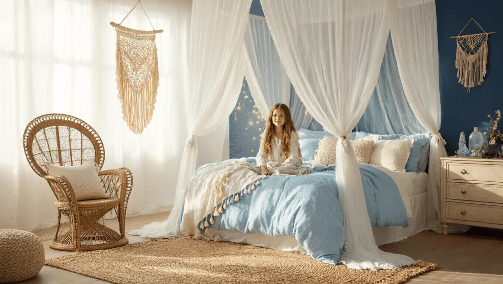 "Sunny teenage girl's bedroom with white canopy bed, blue and ivory bedding, vintage rattan chair, string lights, and a dreamy atmosphere"