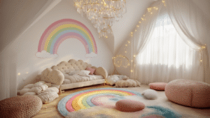 "Children's bedroom with pastel rainbow mural, vaulted ceiling, crystal prism mobile, cloud-shaped bed, macramé chair, and fairy lights during golden hour"