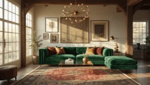 "Eclectic living room with emerald green velvet sofa, lucite coffee table, brass accents and mixed-media art gallery wall lit by golden hour sunlight"
