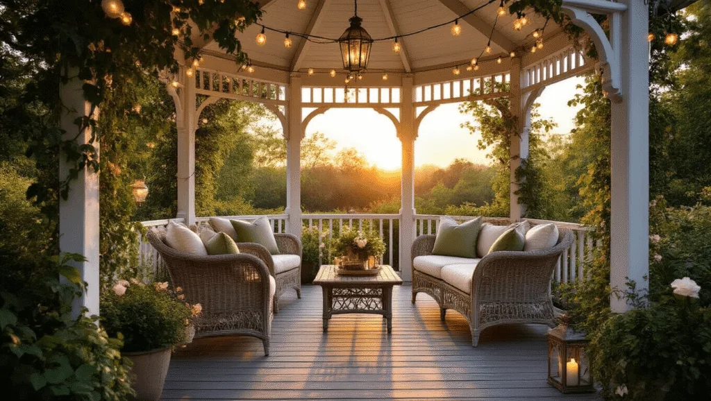 "Victorian-style gazebo in a serene garden with string lights, roses, lanterns, and wicker furniture during a golden hour sunset"
