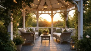 "Victorian-style gazebo in a serene garden with string lights, roses, lanterns, and wicker furniture during a golden hour sunset"