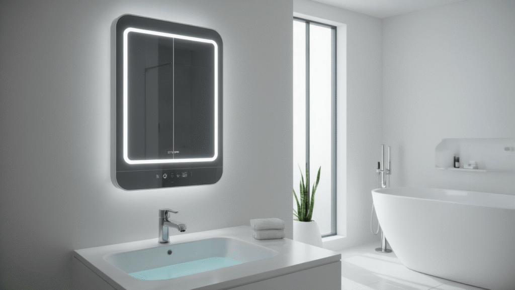 "Futuristic minimalist bathroom with a smart mirror and ambient lighting on a clean background"