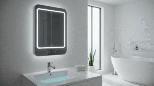 "Futuristic minimalist bathroom with a smart mirror and ambient lighting on a clean background"