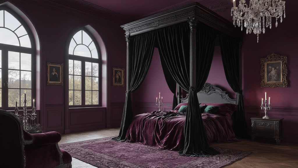 "Gothic-inspired bedroom with mahogany four-poster bed, black canopy, purple walls, velvet fabrics, vintage mirror, and a crystal chandelier in romantic evening light"