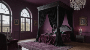 "Gothic-inspired bedroom with mahogany four-poster bed, black canopy, purple walls, velvet fabrics, vintage mirror, and a crystal chandelier in romantic evening light"