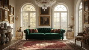 "Sun-drenched maximalist living room with emerald velvet sofa, layered Persian rugs, arched windows, crystal chandelier, and salon-style gallery wall."