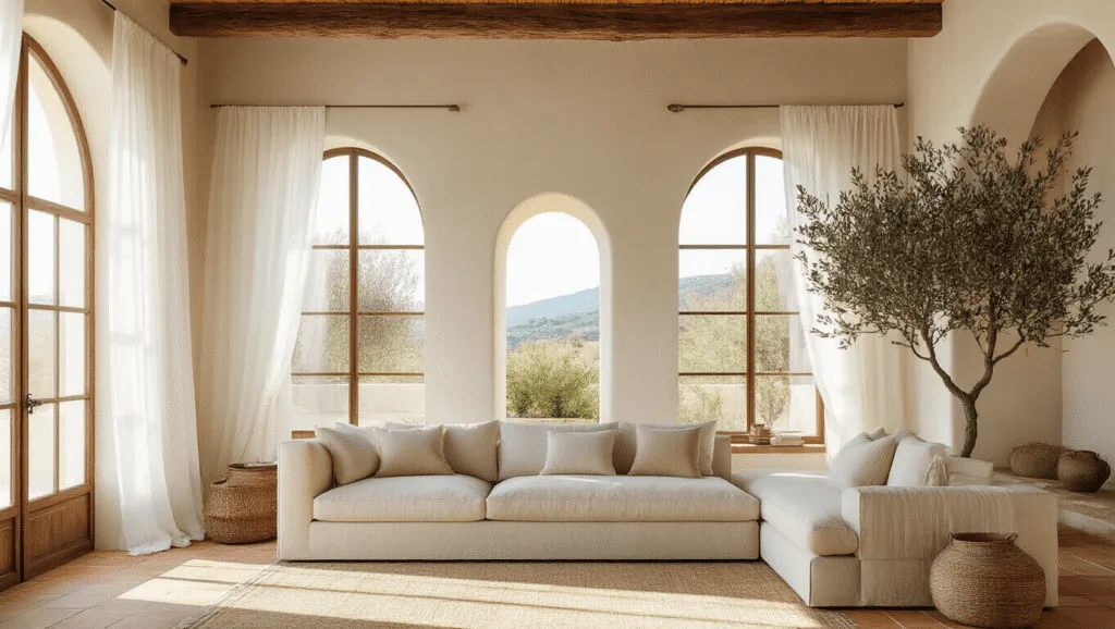 "Mediterranean interior sunlit living room with arched windows, beige linen sofa, terracotta tiles, white sheer curtains, rustic textures, and olive tree corner"