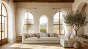 "Mediterranean interior sunlit living room with arched windows, beige linen sofa, terracotta tiles, white sheer curtains, rustic textures, and olive tree corner"