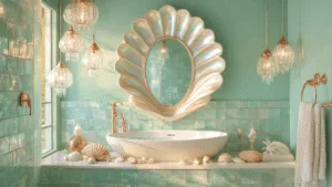 "Dreamy bathroom with iridescent tiles, shell-framed mirror, seafoam green walls, and seashell accessories bathed in golden hour light"