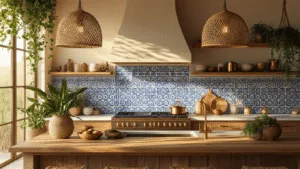 "Sunlit modern boho kitchen with Moroccan tile backsplash, wooden island, rattan pendant lights, and open shelves with copper cookware"