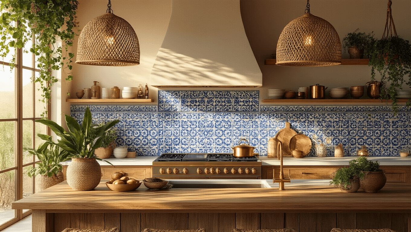 "Sunlit modern boho kitchen with Moroccan tile backsplash, wooden island, rattan pendant lights, and open shelves with copper cookware"