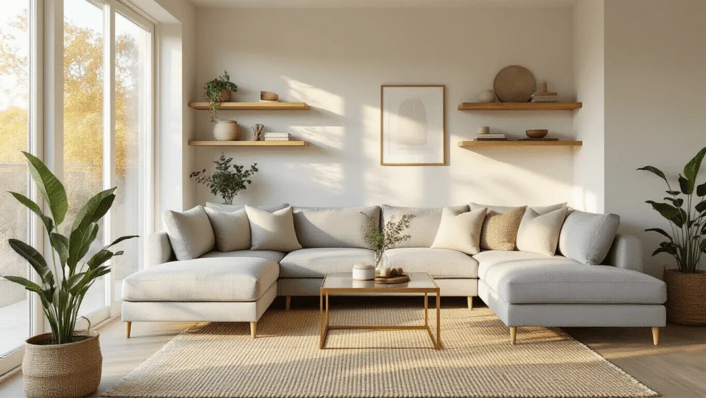 "Sunlit small living room with gray sectional, wall-mounted oak shelves, and brass coffee table, accentuated by a minimalist coastal aesthetic"