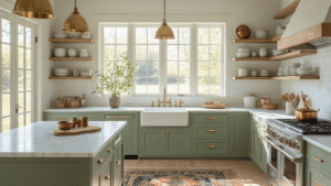 "Sunlit modern farmhouse kitchen with sage green cabinets, Carrara marble countertops, white oak shelves with vintage ceramics, and morning light through large windows"