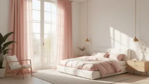 "Sunlit modern bedroom with blush pink silk curtains, white platform bed, minimalist oak furniture, and brass accents"
