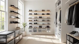 "Modern minimalist shoe storage solutions in bright interior with wall-mounted racks, cabinets, and clear storage boxes"