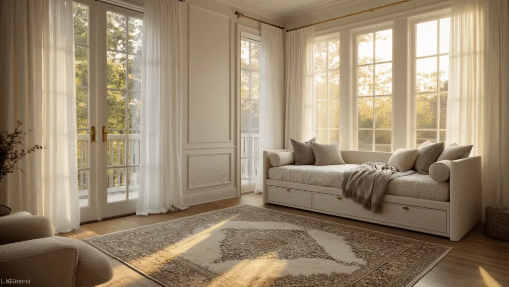 "Sunlit modern guestroom with plush daybed, vintage Persian rug, and elegant crown molding"