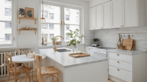 "Small apartment kitchen transformation featuring white cabinets, brass hardware, marble countertops, and natural light"