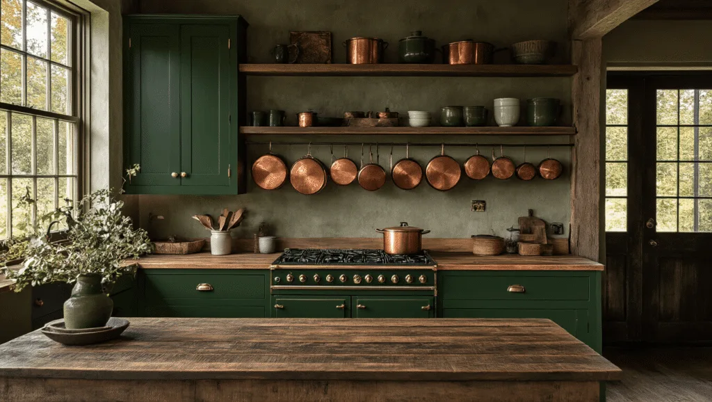 "Rustic kitchen interior with deep forest green cabinets, vintage copper pots, and warm evening lighting"
