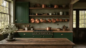 "Rustic kitchen interior with deep forest green cabinets, vintage copper pots, and warm evening lighting"
