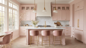 "Sunlit pink kitchen featuring blush cabinetry, marble island, brass pendant lights, and vintage accents"