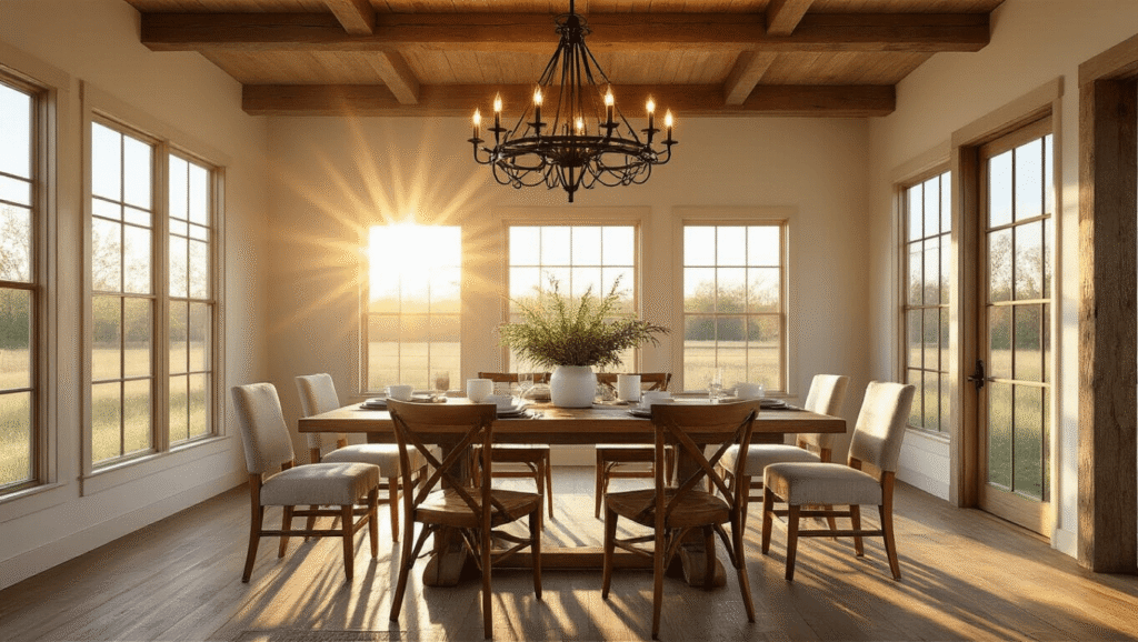 "Rustic barndominium dining room with reclaimed oak table, iron chandelier, and sunlit beams during golden hour"