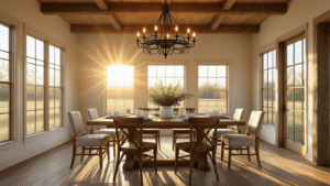 "Rustic barndominium dining room with reclaimed oak table, iron chandelier, and sunlit beams during golden hour"