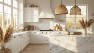 "Scandinavian style kitchen with bohemian elements, marble island, rattan lights, and golden sunlight during golden hour"