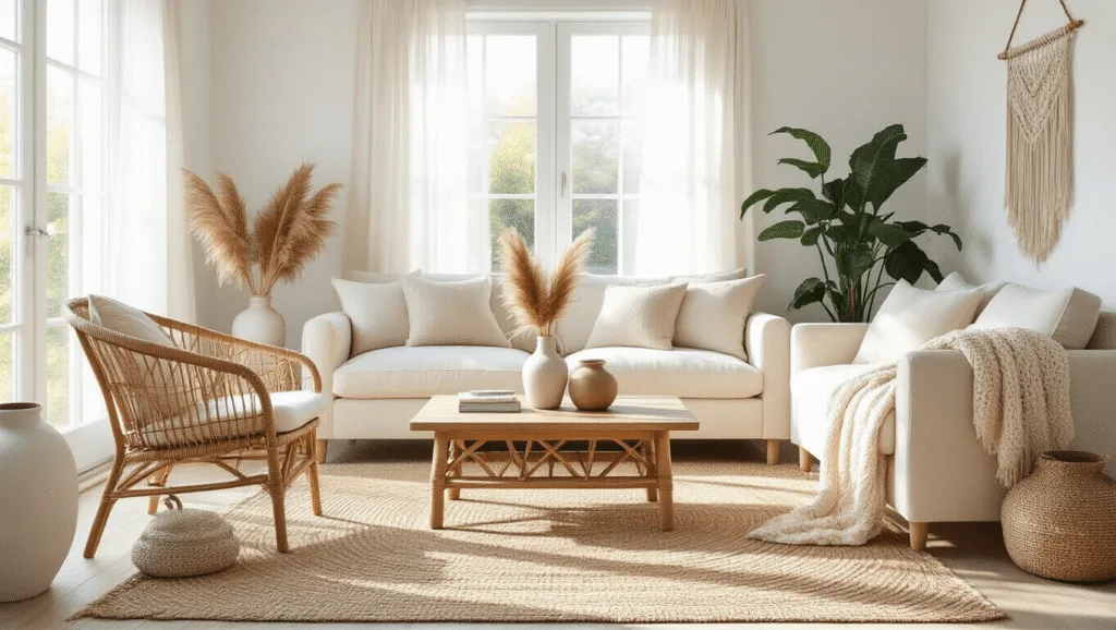 "Scandinavian boho style living room with cream and natural decor bathed in soft sunlight"