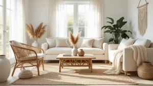 "Scandinavian boho style living room with cream and natural decor bathed in soft sunlight"
