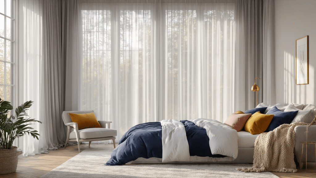 "Dreamy bedroom sanctuary with grey curtains, plush bedding, warm oak floors, velvet pillows, and cozy corner chair in soft morning light."