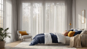 "Dreamy bedroom sanctuary with grey curtains, plush bedding, warm oak floors, velvet pillows, and cozy corner chair in soft morning light."