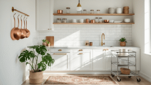 "Sunlit minimalist small kitchen with white cabinets, quartz countertops, and vertical storage solutions"