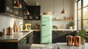 "Sunny kitchen interior with mint green SMEG fridge, black cabinets, white marble countertops, and vintage decor in golden hour light"