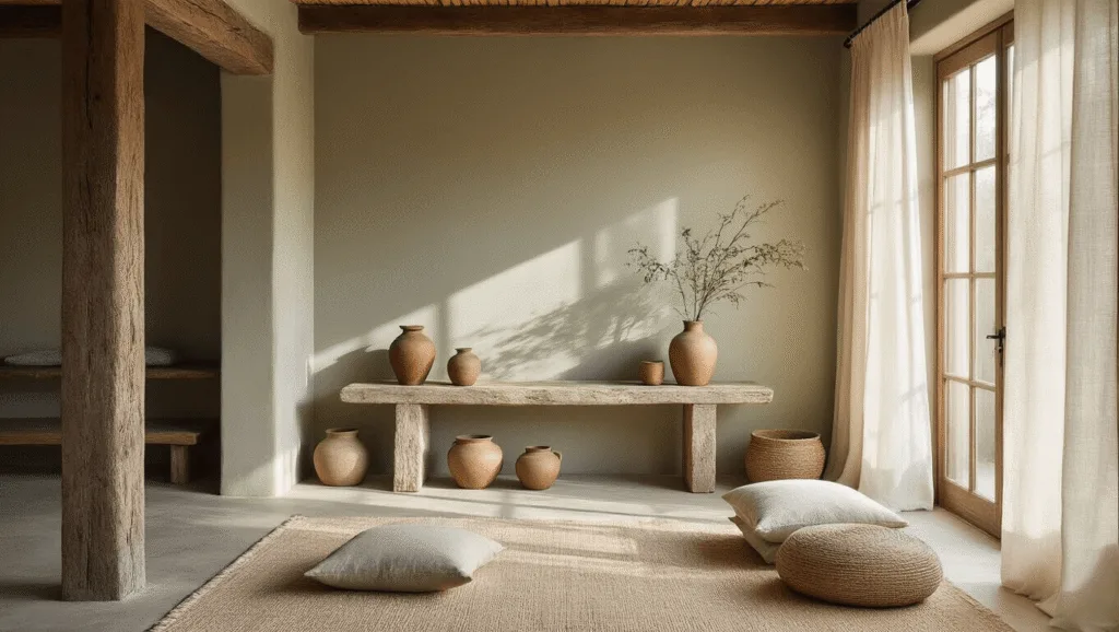 "Sunlit serene living room with handmade ceramics on console table, weathered wooden beams and natural linen textiles in muted earth tones"