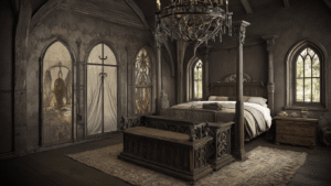 "Gothic style bedroom featuring a four-poster bed and wrought iron chandelier against a dark moody backdrop"