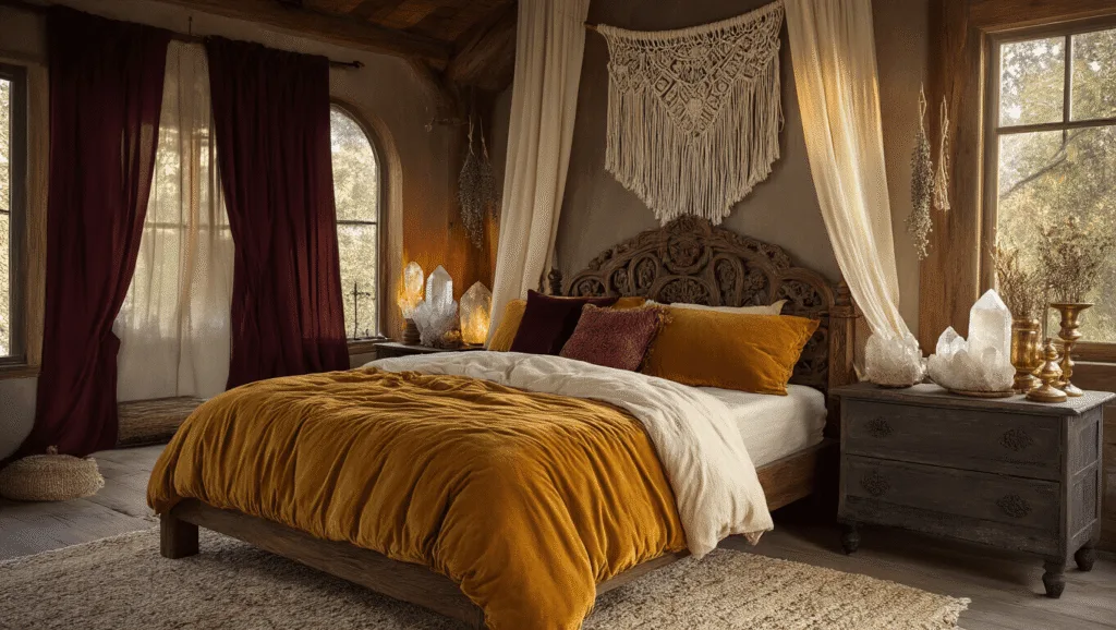 "Rustic boho witchy bedroom with carved wooden bed, crystals, dried herbs, and macramé in golden hour light"