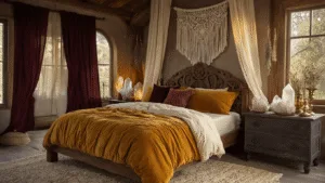 "Rustic boho witchy bedroom with carved wooden bed, crystals, dried herbs, and macramé in golden hour light"