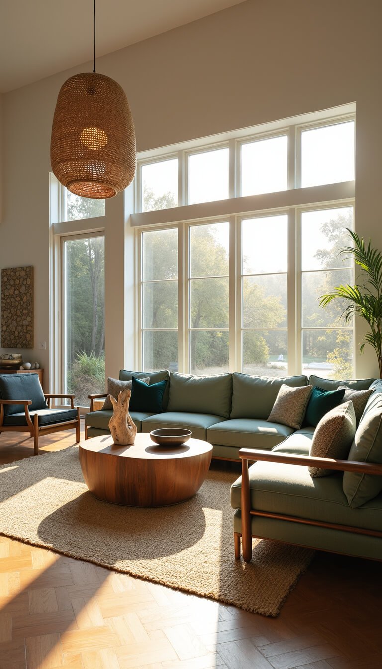Spacious sunlit coastal living room with sage linen sectional, teak armchair, herringbone oak floors, and warm golden hour lighting through west-facing windows.