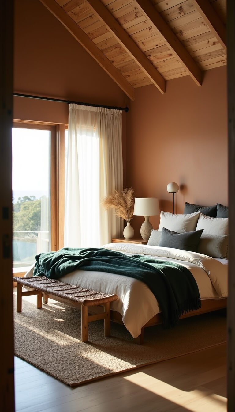 Earth-toned coastal bedroom with exposed beams, low oak bed in neutral linens, terracotta plaster wall, rattan bench, and soft morning light filtering through sheer curtains.