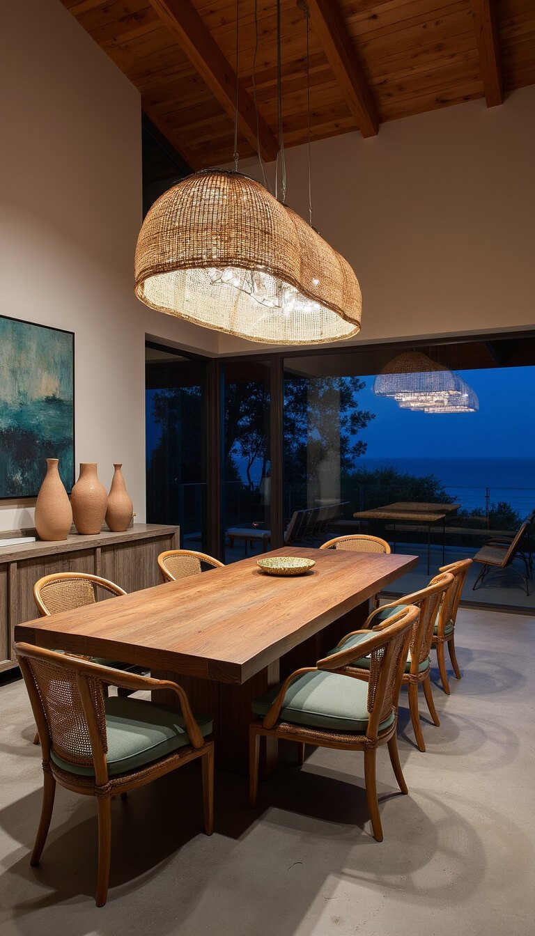 Moody coastal dining room at dusk with reclaimed wood table, rattan chairs, woven pendant light, and large abstract artwork against twilight window view.