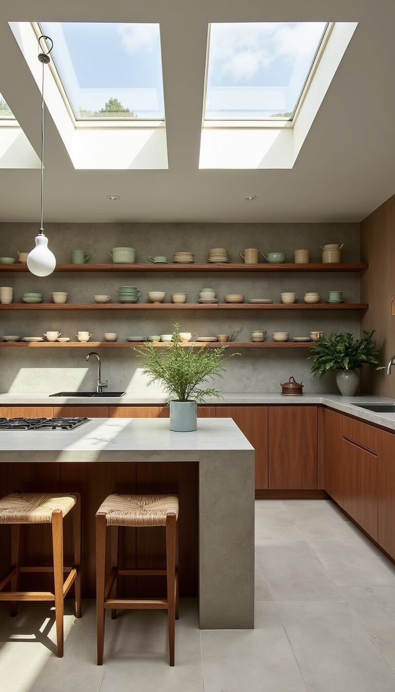 Close-up of a minimalist coastal kitchen with walnut cabinetry, soapstone countertops, stone backsplash, and rattan barstools under mid-morning skylight.